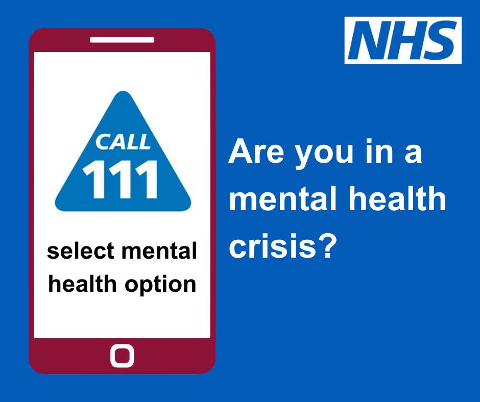 The graphic reads: Are you in a mental health crisis? Call 111 select mental health option